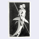 Ink sketch of 2 half fish people with bald heads and tattoos. One holds a large spear.