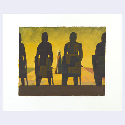 Painting based on a film still from Die Nibelungen of 4 people sitting in chairs, facing away from the viewer with yellow lighting coming from the background.