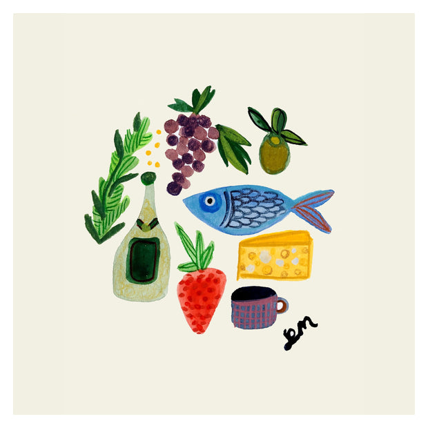 Illustration of various dinner objects, such as a fish, fruit, wine and cheese.