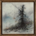 Painting done on a frosty coated surface of a withering black tree, with its branches down turned and not very dense foliage. The ground is snowy and covered in black spots, possibly black rocks surfacing beneath the covering.