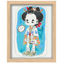 Illustration of a cartoon character in traditional Japanese attire but modern sneakers, and a Dodgers jersey over the rest of the outfit. She holds a baseball.