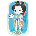 Illustration of a cartoon character in traditional Japanese attire but modern sneakers, and a Dodgers jersey over the rest of the outfit. She holds a baseball.