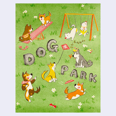 Risograph print of a dog park, with may dogs playing in green grass.