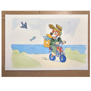 Watercolor painting of a dog riding a bicycle, with a box on his back full of fish. Side says "Cat food."