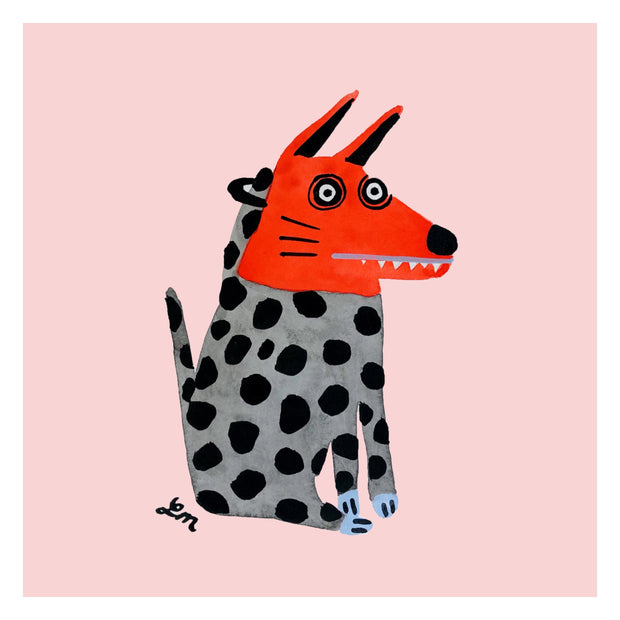 Illustration of a black and gray spotted dog wearing a red face mask.