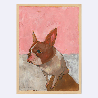 Painting of a French Bull dog, looking off to the side with a closed mouth expression. Background is pink with gray flooring.