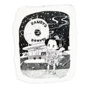 Illustration of a cartoon character in traditional Japanese attire but modern sneakers, eating a donut and standing outside of Randy's Donuts, a donut shop with an iconically large donut sign.