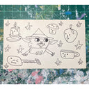 Ink doodles on an index card of a goblin, mushroom and household objects all with human-like facial expressions.