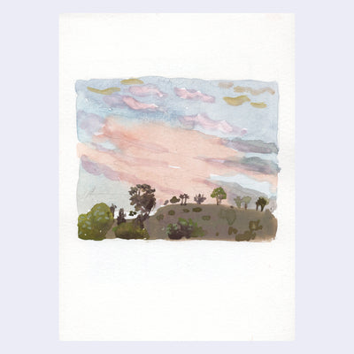 Gouache painting of a sunset over a hillside lined with trees.