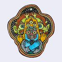 Illustration made with many lines, giving it the feel of a folk art woodcut on a die cut wood panel of several monster characters, closely behind one another with each peeping over the last.