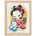 Illustration of cartoon characters in traditional Japanese attire but modern sneakers, sitting on the ground and hugging herself while smiling, eyes closed.