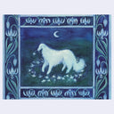 A blue monochromatic painting featuring a white dog standing in a field of small white flowers under a crescent moon, with a dark blue night sky and ornate floral border in blue and white.