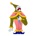 Die cut painted wooden sculpture of a stylized clown, with a white painted face. It wears green and pink clothing, with frills and painted details and a tall hat with a bell atop. It holds a sharp dagger and frowns.