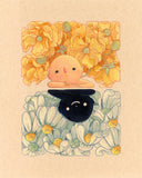 Illustration on brown toned paper of a character, resting their head on their arms, only the bust is shown. Around them are yellow flowers. Mirrored below them is an all black character, positioned also with its head on its arms. Around them are wilting white daisies.