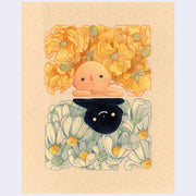 Illustration on brown toned paper of a character, resting their head on their arms, only the bust is shown. Around them are yellow flowers. Mirrored below them is an all black character, positioned also with its head on its arms. Around them are wilting white daisies.