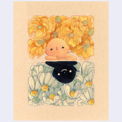 Illustration on brown toned paper of a character, resting their head on their arms, only the bust is shown. Around them are yellow flowers. Mirrored below them is an all black character, positioned also with its head on its arms. Around them are wilting white daisies.