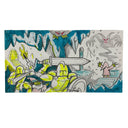 A rectangular artwork featuring a whimsical fantasy battle scene with armored knights, a large sword, icy blue shapes, a pink-robed figure, and gray cloud-like forms on a white background.