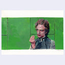 Painting of a film still from Dune of a man with wild hair and his fingers pressed together, standing against a green wall.