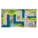 A hand-drawn fantasy dungeon map featuring a grid layout with blue walls, green and yellow highlights, and colorful illustrations of characters, treasure chests, and hazards, signed by the artist at the bottom right.