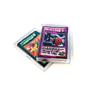 Two custom illustrated trading cards inside clear plastic protective cases, displayed on a clean white background. 