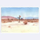 A watercolor painting of a desert landscape with cacti, distant mountains, and a pale blue sky, shown on a light gray background.