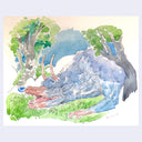 Sketch style watercolor painting of a dragon, with thick blue body and a tan colored snout and matching horns and claws. It sleeps with its mouth open, making a bubble out of its nose. Background is an open meadow with a few trees.