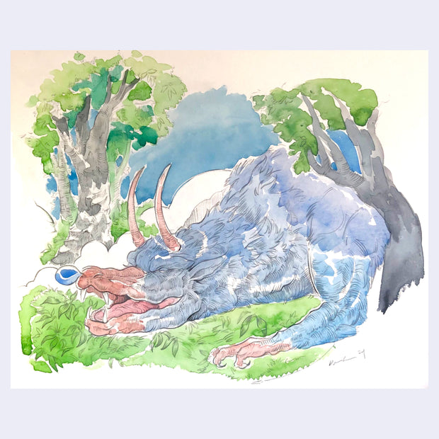 Sketch style watercolor painting of a dragon, with thick blue body and a tan colored snout and matching horns and claws. It sleeps with its mouth open, making a bubble out of its nose. Background is an open meadow with a few trees.