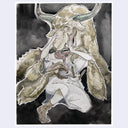 Ink and watercolor illustration of a person wearing a demon mask, struggling under a large ox like monster, with large horns, brown fur and long arms wrapped around the person.