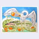 Ink and watercolor illustration of a cartoon alligator and a white crane, standing next to one another in animated poses with surprised and upset expressions. They hold various oranges, the crane holds one in its mouth and the alligator hoards the others.