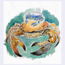 Watercolor painting of a large orange crab with a smaller blue crab sitting atop it.