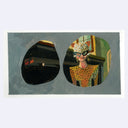 Painting based on a film still from ET, the perspective inside of a mask with 2 cut out eye holes. The viewer looks at an older woman dressed as a leopard for Halloween.