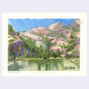 A landscape painting of Eagle Lake, featuring green trees, pink and gray mountains, and a blue sky reflected in the water, with the title 'EAGLE LAKE' and an artist signature visible.