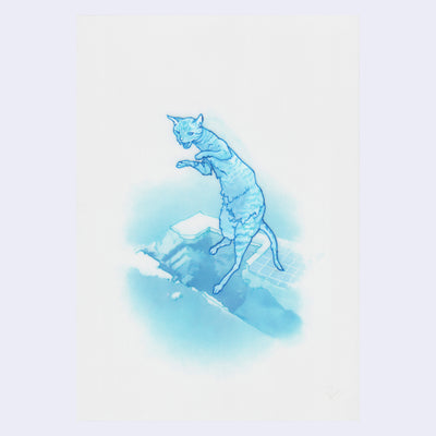 Colored pencil illustration in blue and white of a cat in the pose of riding a surfboard, below it is a small chasm. 