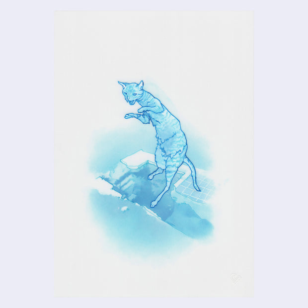 Colored pencil illustration in blue and white of a cat in the pose of riding a surfboard, below it is a small chasm. 