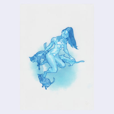Blue-toned illustration of a person seen slightly from above, she is nude with cats on a gradient background.