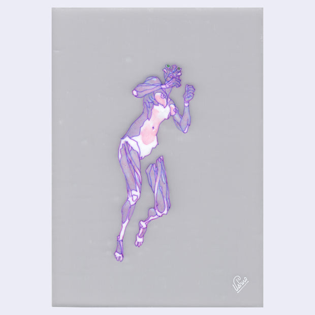 Outline of someone's body in purple color pencil, with skin only on their stomach and breasts.