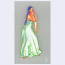 Colorful drawing of a woman in a flowing dress on a gray background