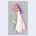 Colorful illustration of a woman in a long dress with a green bird on a gray background