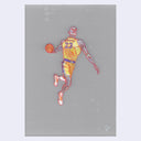 Stylized illustration of Lebron James in his Laker uniform, jumping and mid dunk with his arm wound back.