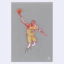 Stylized illustration of Luka Doncic, wearing his Laker uniform and seen about to lay the ball into the invisible basket, with the ball resting on the tip of his fingers.