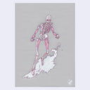 Illustration of a skeleton riding a wave on an invisible board. It is mostly bone with sparse muscles.