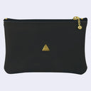 Black pouch with a small golden pyramid design with gold hardware.