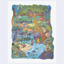 Colorful illustration of a forest scene with children by a stream.