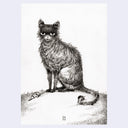 Detailed black and white illustration of a cat with a mouse toy on a light gray background