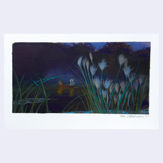Painting based on a film still from The Dark Crystal of 2 characters riding in a boat at night.