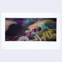 Painting based on a film still from The Dark Crystal of 2 characters resting with one another, perched outside at night.