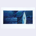 Painting based on a film still from Lord of the Rings, of Galadriel standing in her long white gown holding a vase in the night forest, lit by blue moonlight.