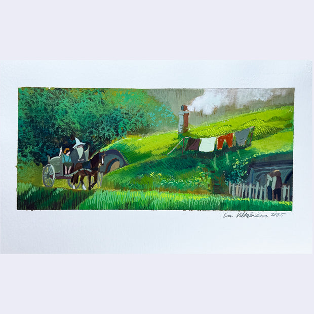 Painting based on a film still from Lord of the Rings, of Gandalf and Frodo riding into the Shire on a horse drawn carriage. 