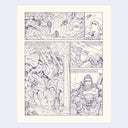 Comic book page with character illustrations on a light purple background
