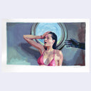 Painting of a film still from Earth Girls are Easy of a woman in a pink bikini, looking surprised 